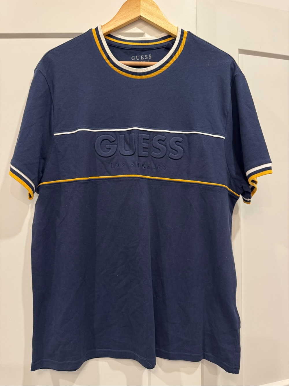 GUESS Men's Navy Logo Tee with Yellow Trim Retro Throwback - Picture 1 of 9